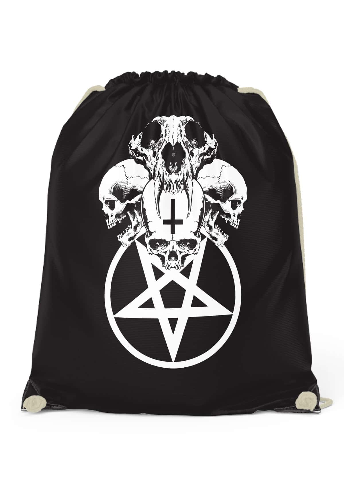 Schwarze Gym Bag Skull Pentagram mit externen Kordelhalterungen